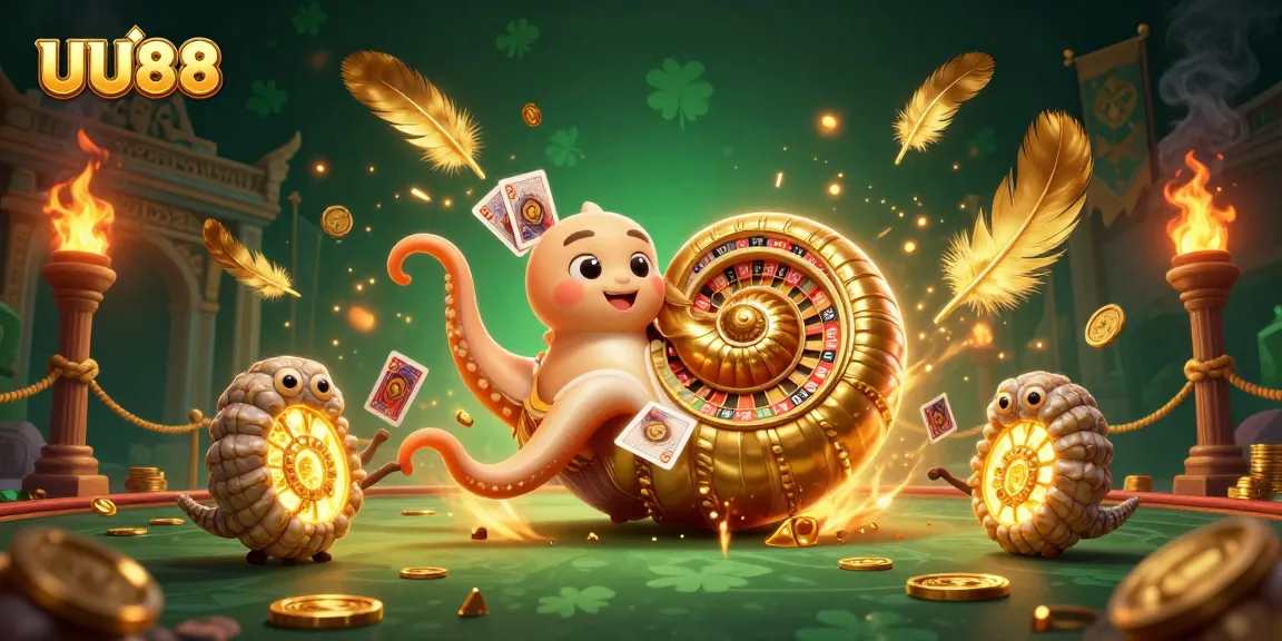UU88 offers thrilling casino gaming with a vibrant 3D illustration showcasing ancient nautilus and golden roulette elements.