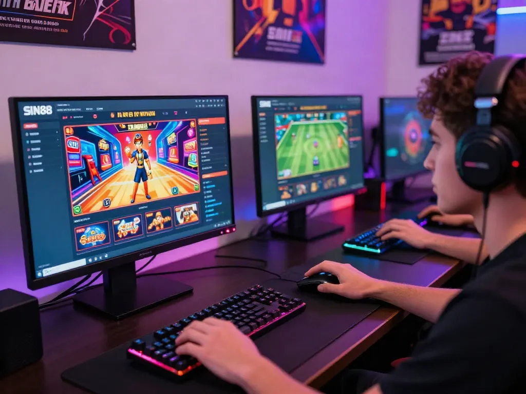 Player engaging with SIN88 online gaming platform, showcasing vibrant graphics and gaming setup.