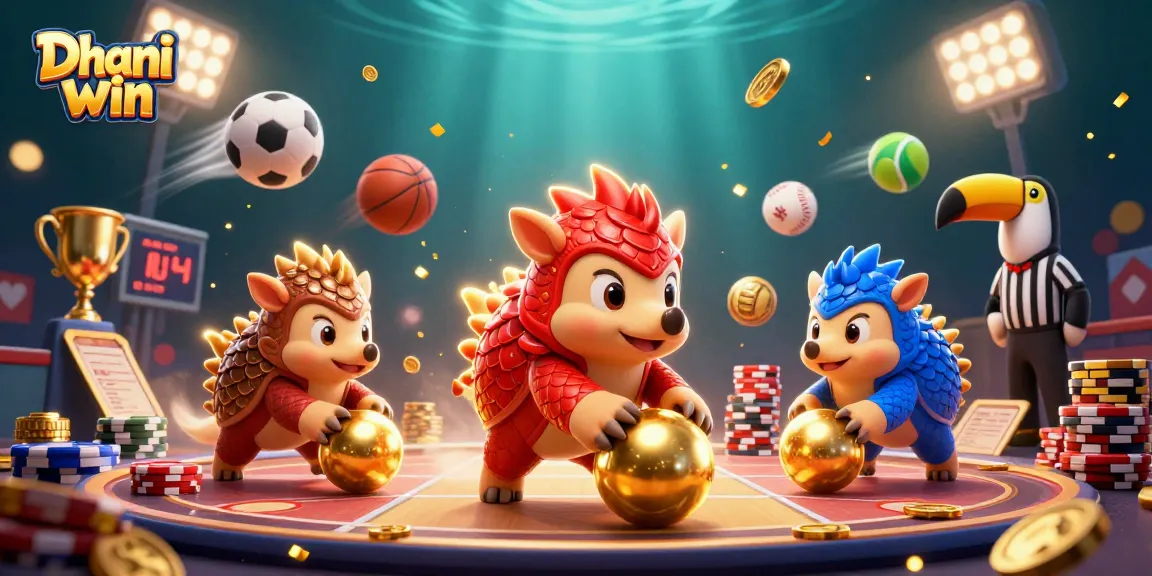 Dive into Dhani win's vibrant scene with pangolins competing in a high-stakes game, surrounded by dynamic sports elements and a colorful backdrop.