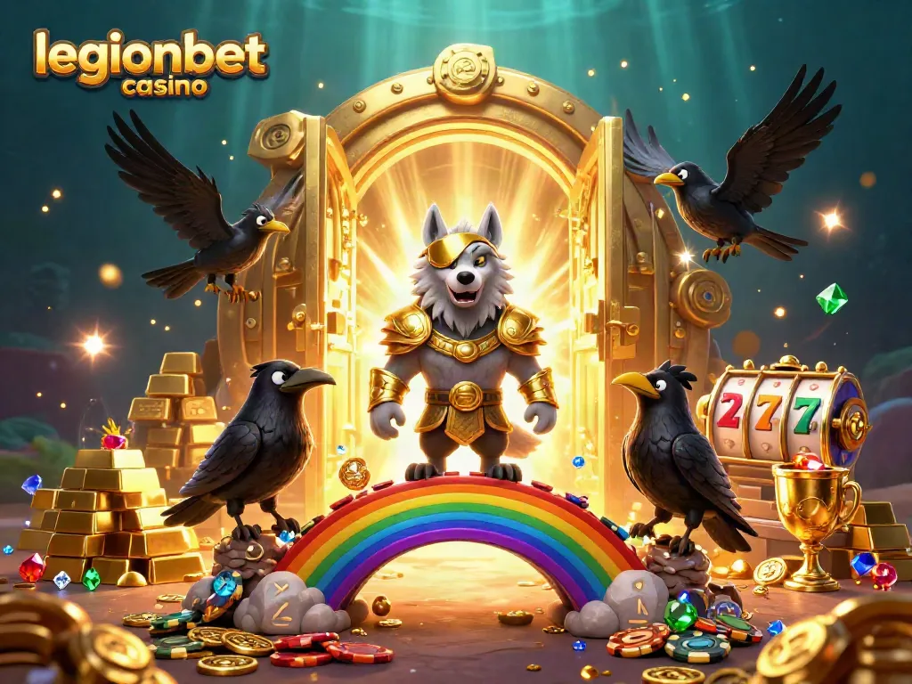 Experience thrilling action at legionbet casino with Odin and ravens surrounded by treasures and games.