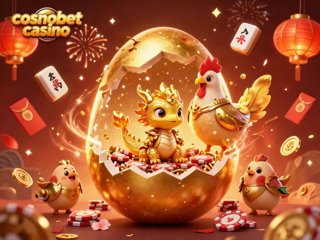 Engage at cosmobet casino with a golden baby dragon on poker chips, fireworks, and vibrant casino elements