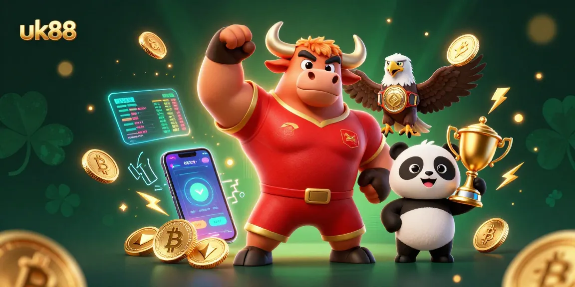 Celebrate your big wins with uk88's vibrant digital casino illustration showcasing exciting crypto elements.