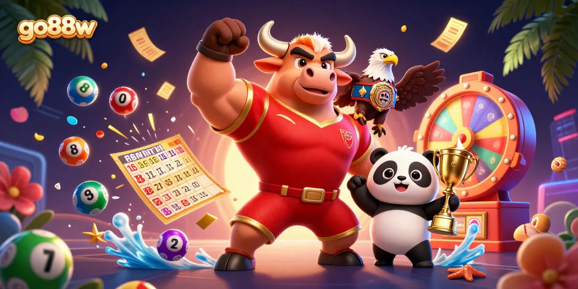 Engage with exciting gambling action at go88w with a lively scene of gaming mascots celebrating wins amidst vibrant casino elements.
