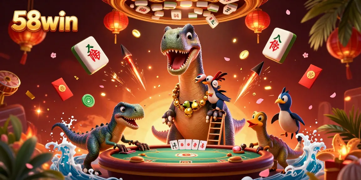 Experience thrilling action at 58win with playful dinosaurs in a vibrant casino setting.