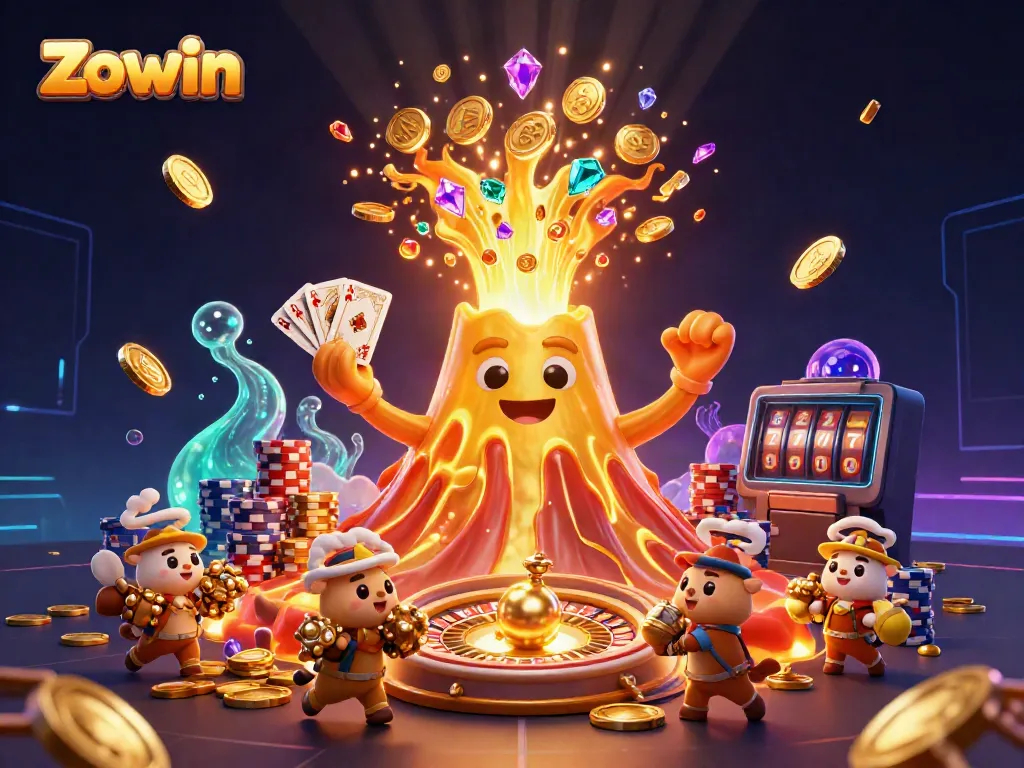 Zowin volcano erupts with treasures, showcasing casino thrills and gameplay excitement.