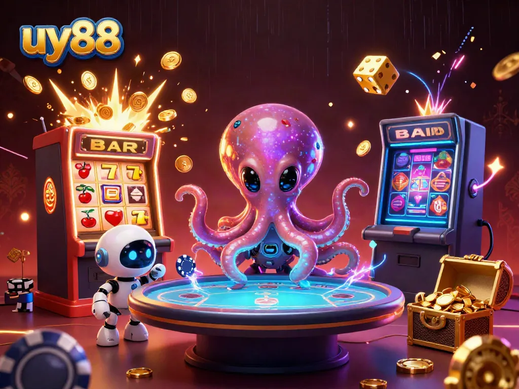 Exciting casino adventure with the uy88 alien octopus and robot, showcasing slot machines and poker action.