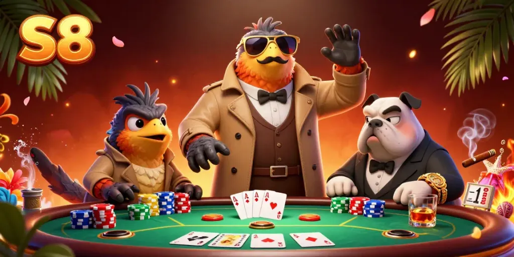 Three raptors disguised as a tall person attempting to enter a VIP casino lounge, highlighting casino elements and the S8 brand.