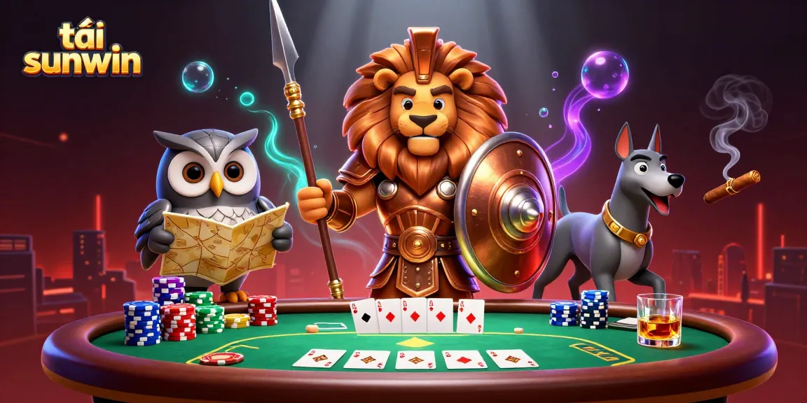 Engage with tải sunwin through a vibrant casino scene of a Spartan lion, owl strategist, and greyhound amid poker elements.