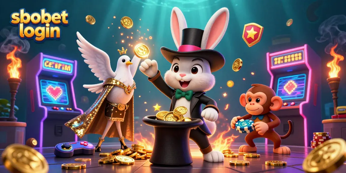 Engage with sbobet login as a magician rabbit pulls coins from a hat amid dynamic casino elements.