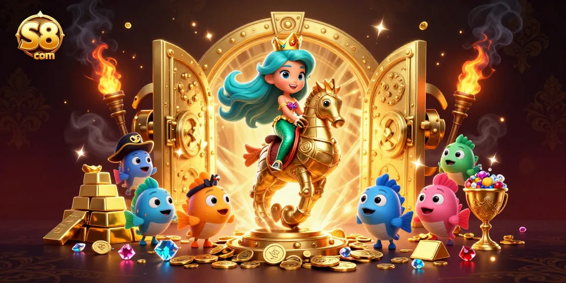 Win big at S8 com with a vibrant 3D scene of a mermaid and treasures exploding in light.