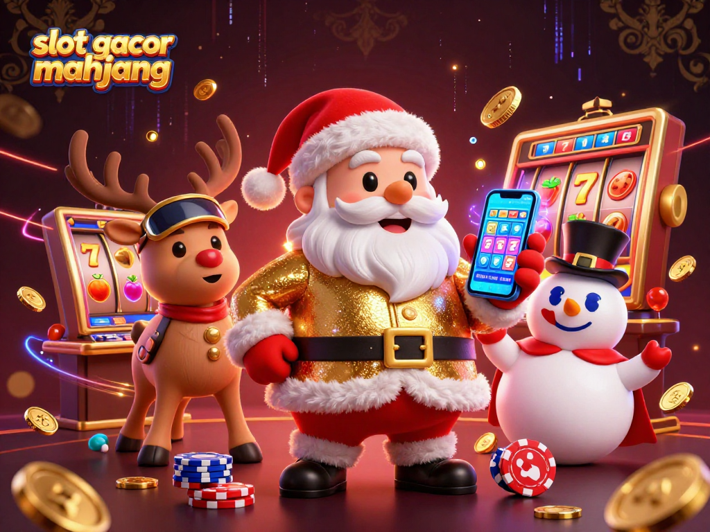 Experience the excitement of slot gacor mahjong with Santa and friends celebrating jackpot wins in a vibrant casino.