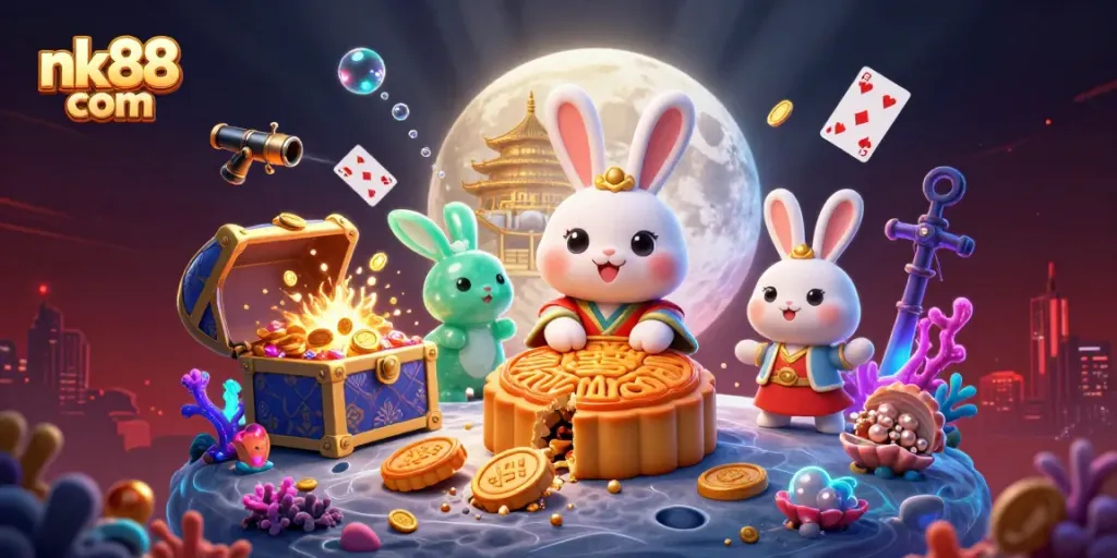 Spin mooncakes to reveal poker chips with nk88 com in vibrant, dynamic 3D illustration.