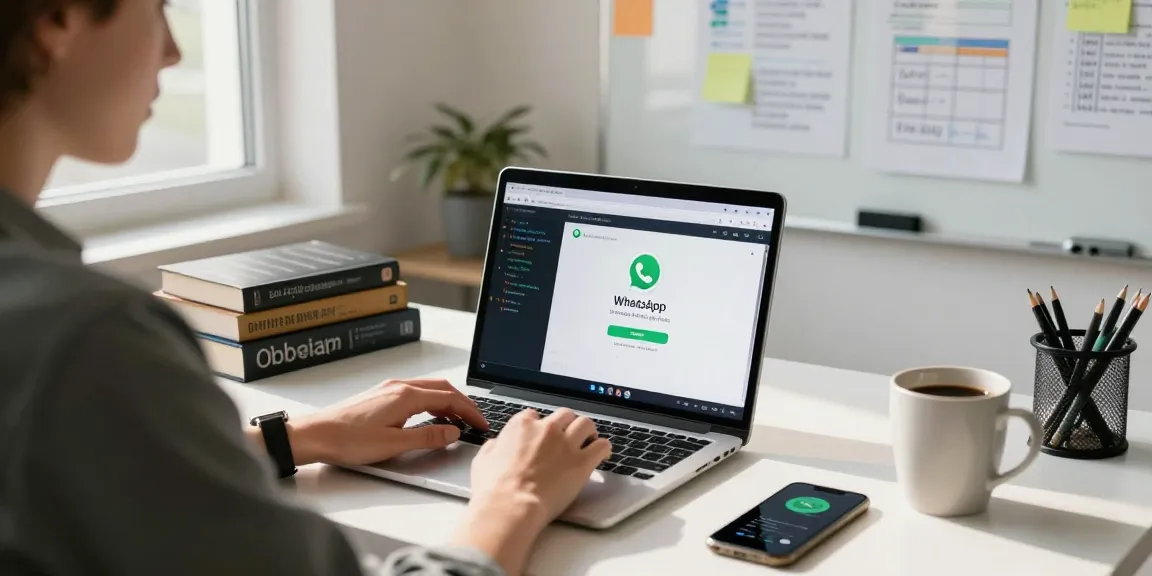 Focused workspace showcasing WhatsApp下載 on a laptop with tech gadgets and natural light.
