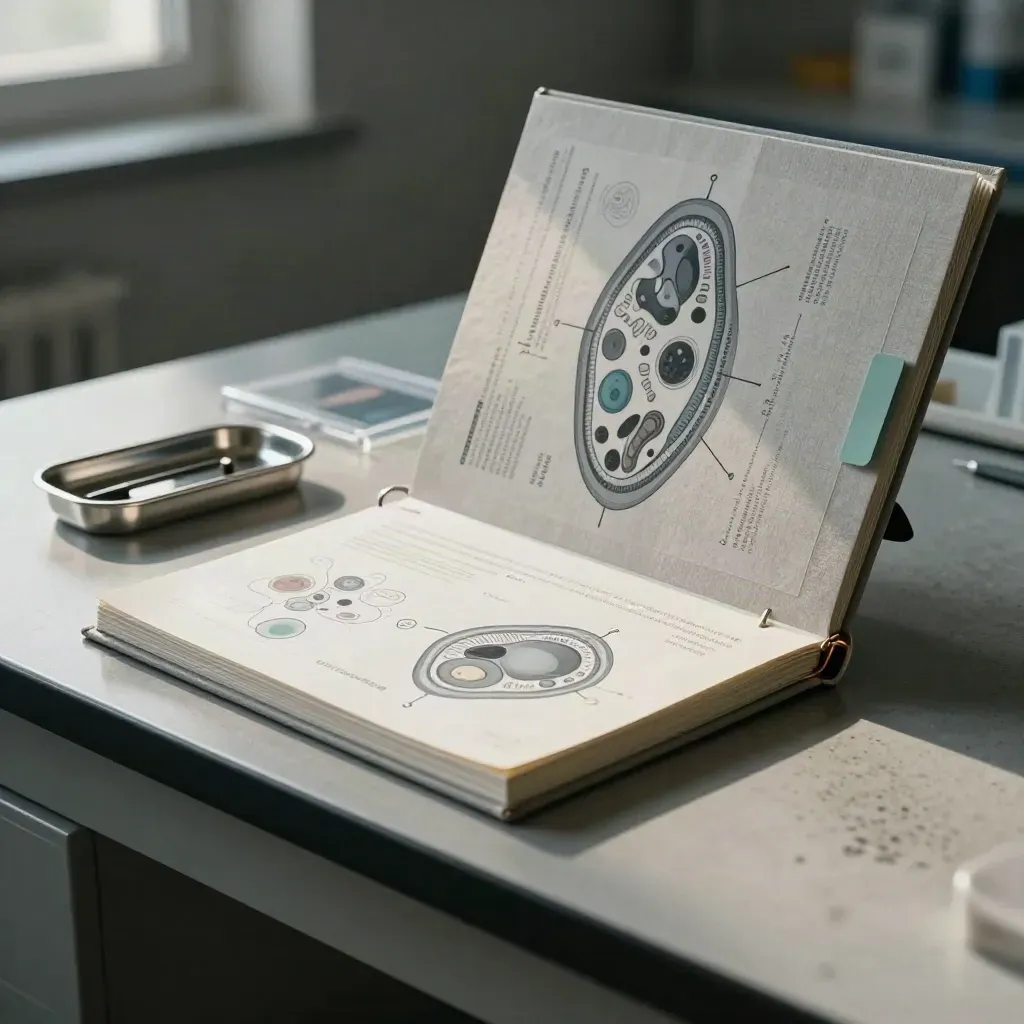 Biology revision binder, slide case and specimen tray on a lab bench in moody light