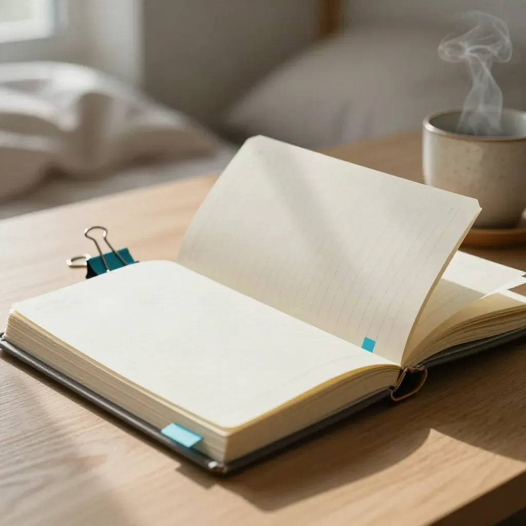 Study planner fanned open on a bedroom desk with tabs, clips, and a steaming cup.