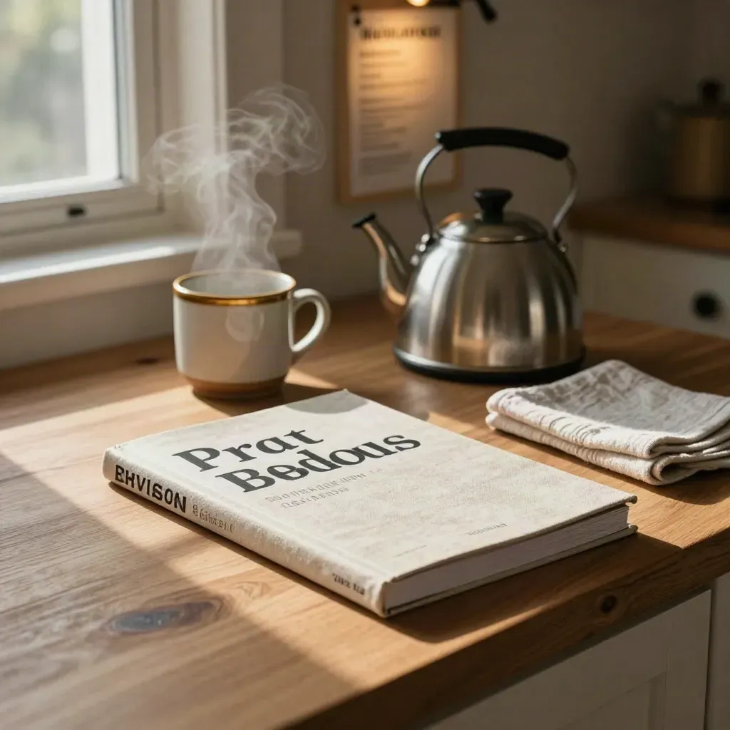 Closed revision guide beside kettle, mug, tea towel and blurred fridge notes on a warm kitchen counter