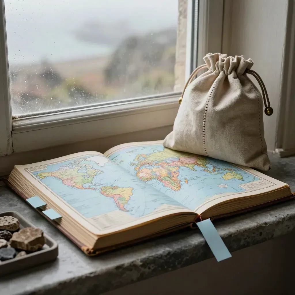 Geography case study kit by a misted window with atlas, tabs, rock samples and linen pouch