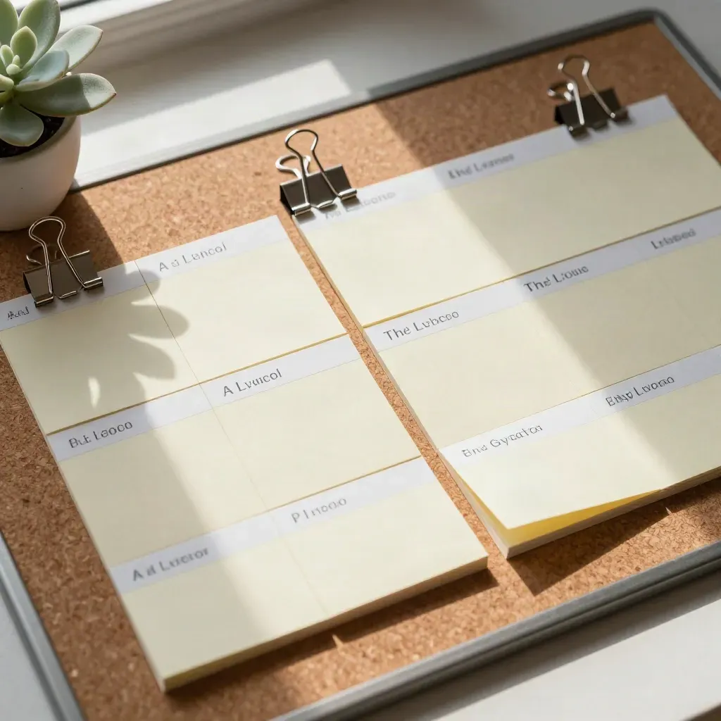 Blank sticky blocks and tabs form a revision grid beside a small sage plant.
