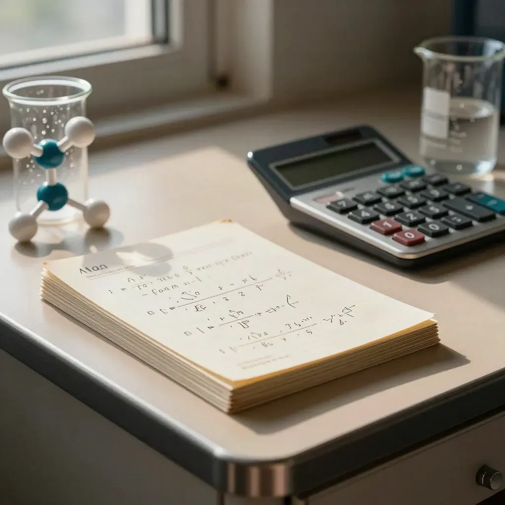Macro of formula cards, calculator, molecular model, and beaker on a lab worktop in window light.