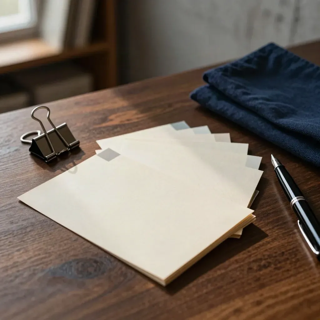 Essay plan cards fanned on a dark wood table with pen, clip, and folded navy cloth in warm window light.