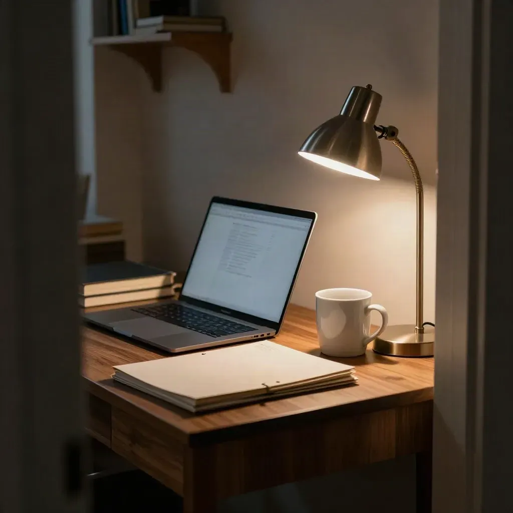 Evening study nook with closed laptop, notebook stack, lamp glow and white mug on a walnut desk.