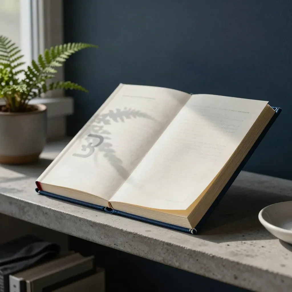 Thick GCSE study guide with fern, cloth and ceramic dish on a shelf in soft window light.