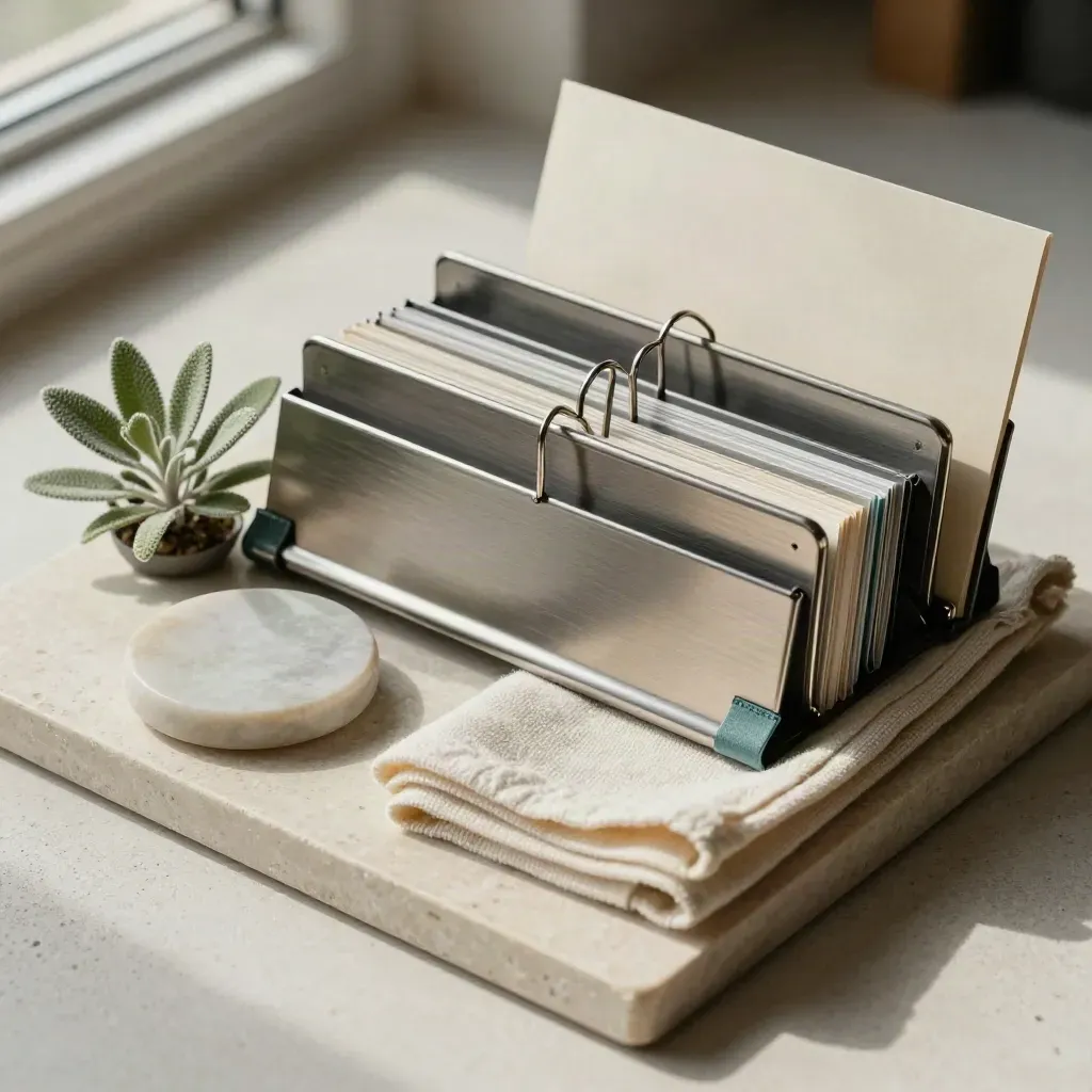 Overhead binder with A Level note dividers, plant, stone coaster and cloth on limestone tray.