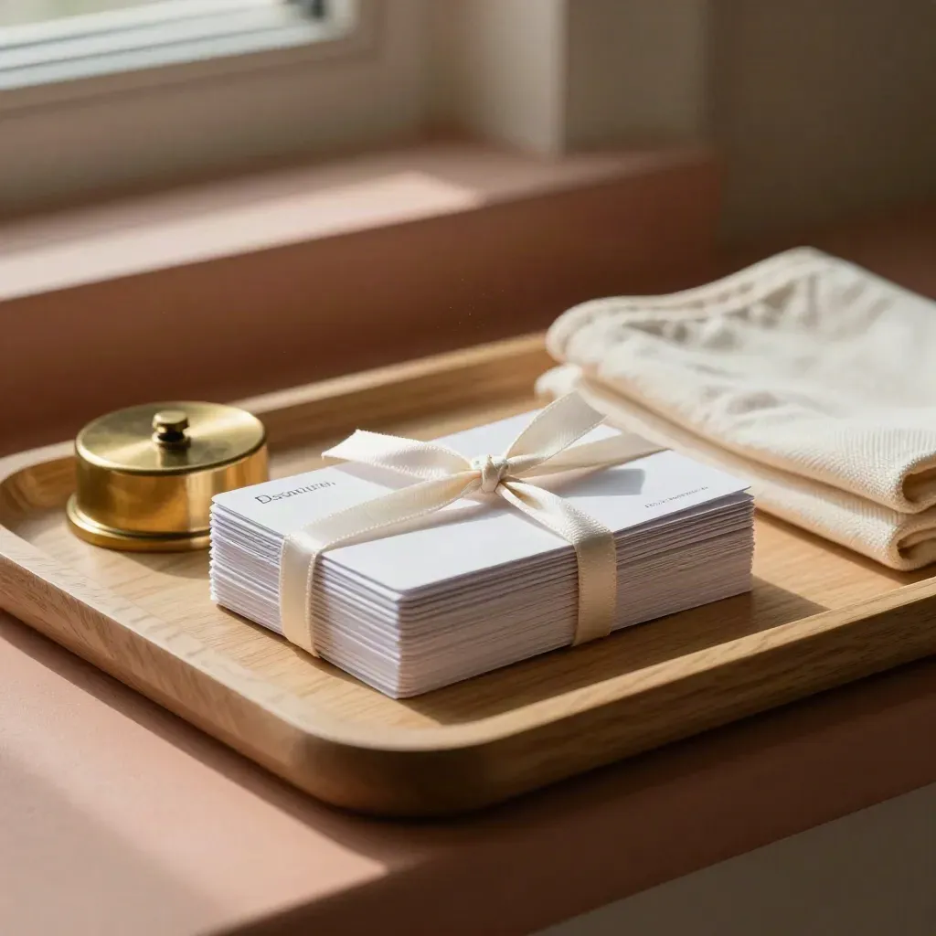 Exam flashcards, brass paperweight and cream cloth on pale wood in warm side light.