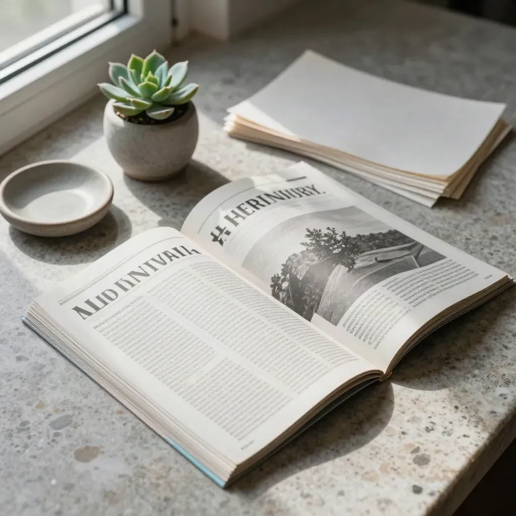 Top-down still life of a folded study-news zine with succulent, dish and update sheets on pale stone.