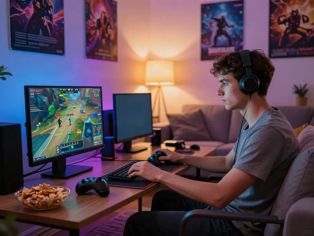 Engaged gamer at http://11bet-app.net/ playing strategy game on smartphone in a vibrant living room.