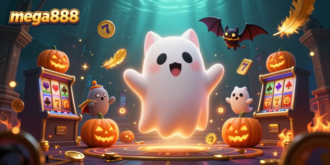 Play Mega888 at an exciting haunted casino with a friendly ghost cat and vampire bat.