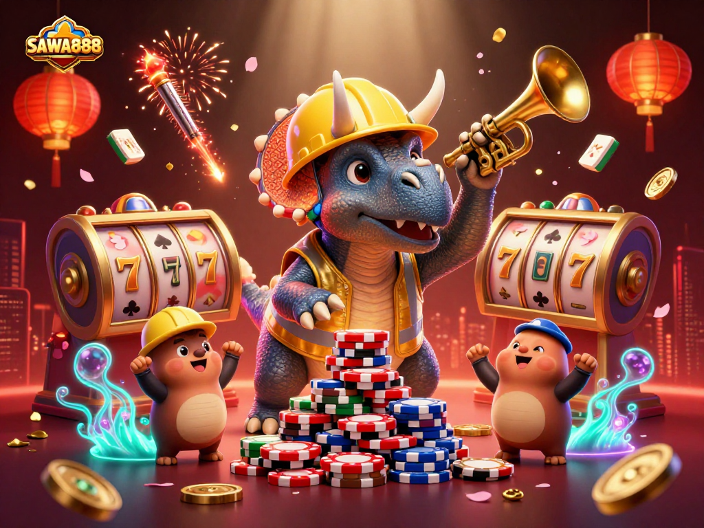 Experience the excitement of SAWA888 with a dynamic illustration celebrating casino gaming.