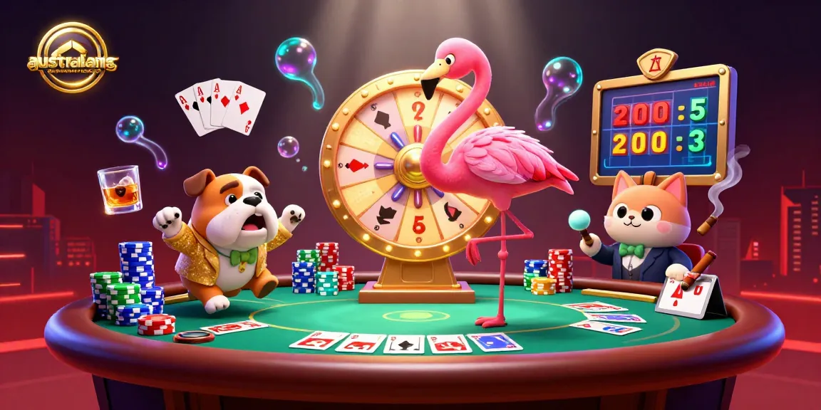 Engaging scene at australianonlinecasino with a game show host flamingo, bulldog contestant, and festive casino elements.