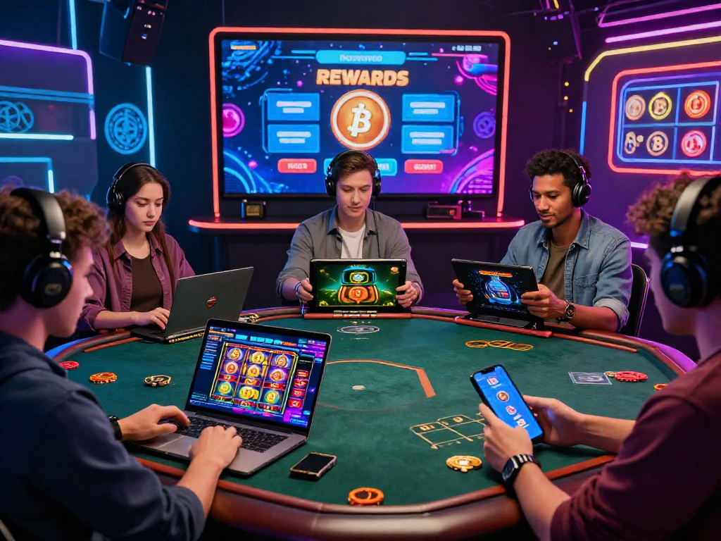 Engaging crypto casino scene with diverse players enjoying games on multiple devices amid vibrant digital graphics.
