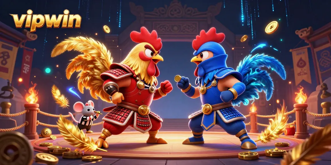 Engage with vipwin as fighting roosters clash in a dynamic casino showdown scene.