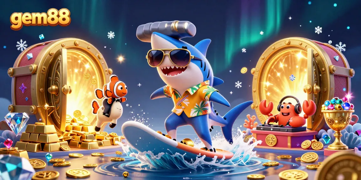 Experience thrilling excitement with gem88 as the cartoon shark rides gold coins in a vibrant casino scene.