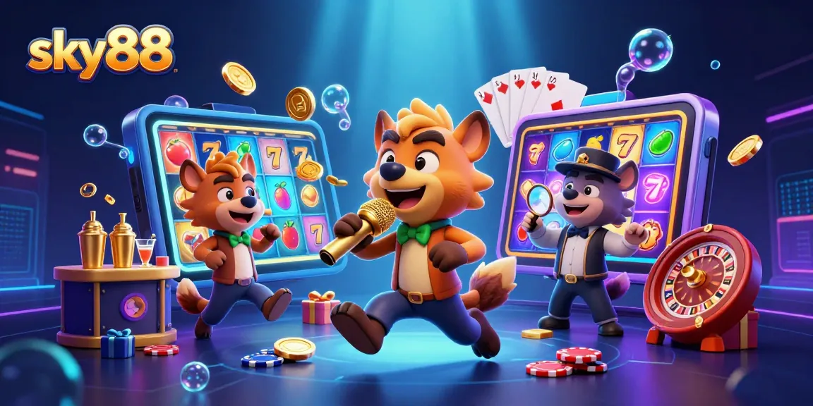 Experience the vibrant sky88 casino atmosphere with animated hyenas and exciting gaming elements.