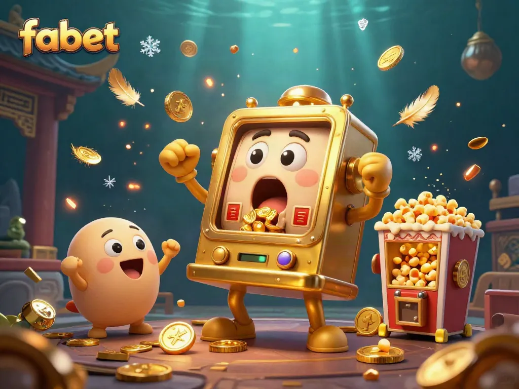Fabet slot machine celebrates as coins pour out in a vibrant casino scene, showcasing excitement.