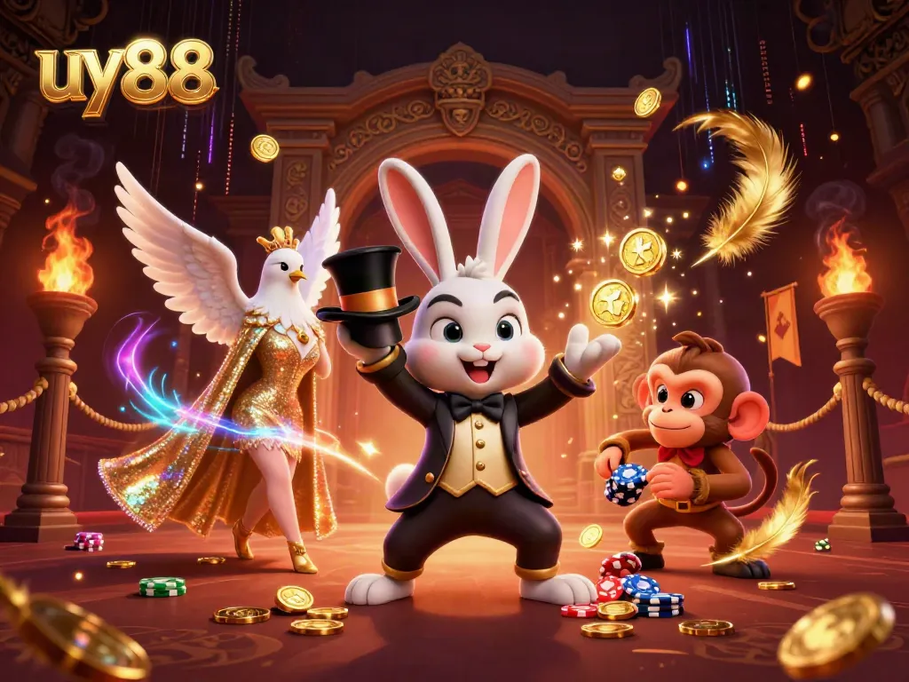 Engage with the vibrant world of uy88 as a magician rabbit pulls golden coins in a dynamic casino illustration.