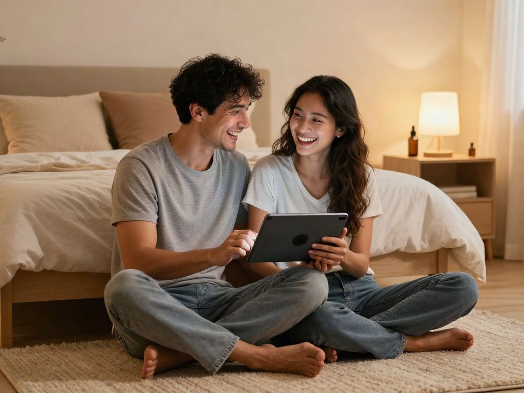 Couple engaged with sex AI in a cozy bedroom setting, enhancing relationship dynamics.