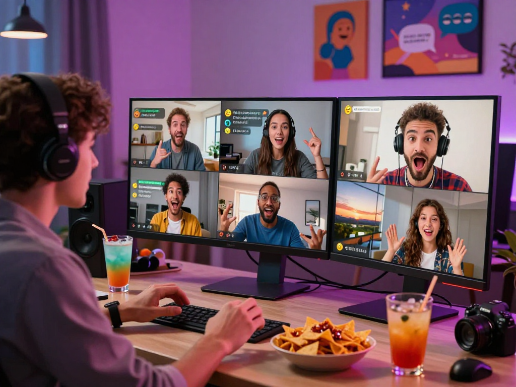 Engaging spicy chat scene with diverse individuals sharing animated expressions in a virtual room, featuring colorful snacks and drinks.
