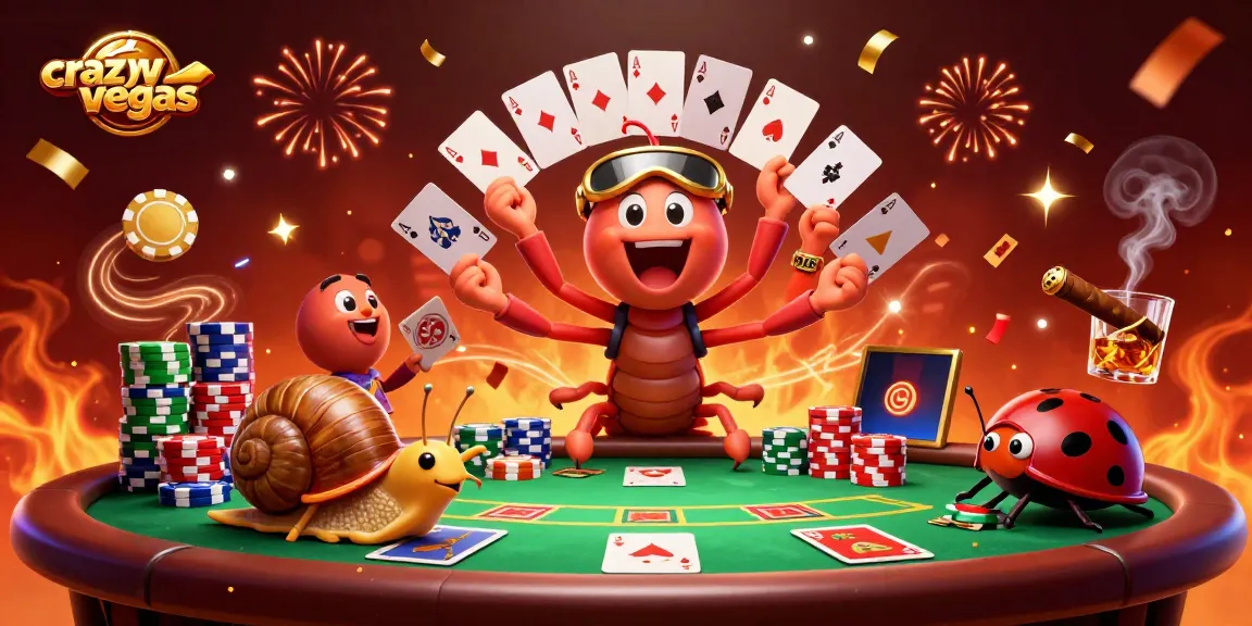Experience the thrill at crazyvegas with vibrant casino characters playing cards and stacking chips.