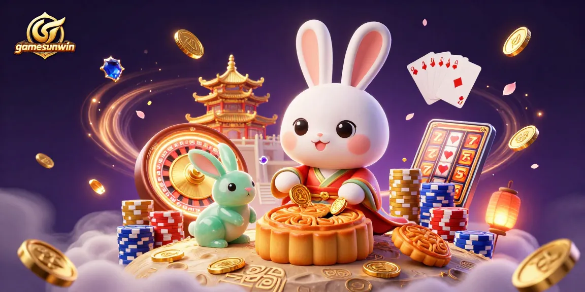 Experience the excitement of gamesunwin as a rabbit reveals poker chips from mooncakes amidst a vibrant casino scene.