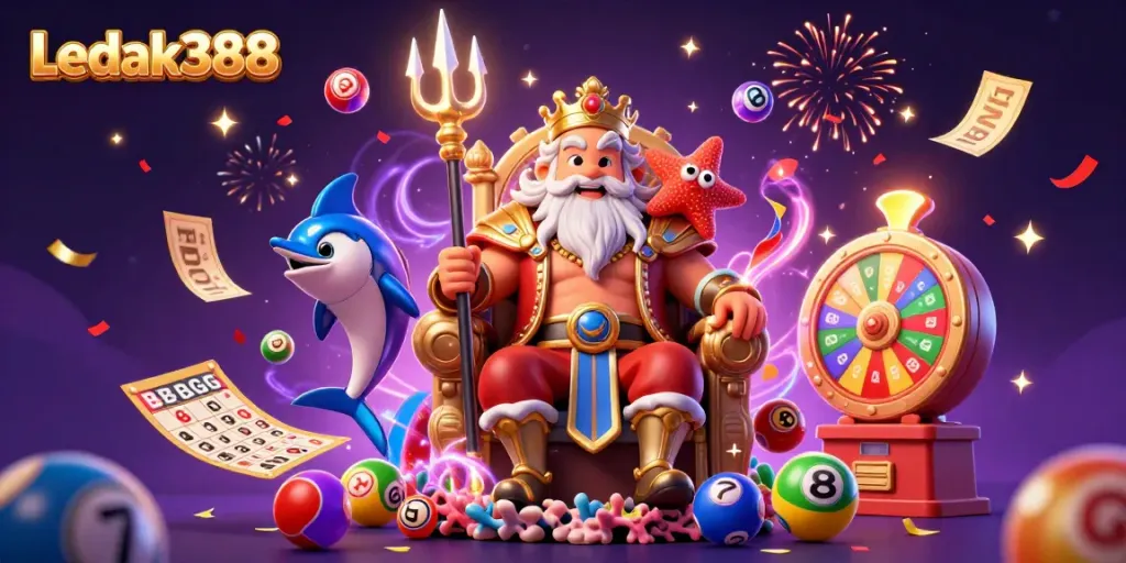 Experience Ledak388's thrilling gaming world with a vibrant 3D scene full of excitement.