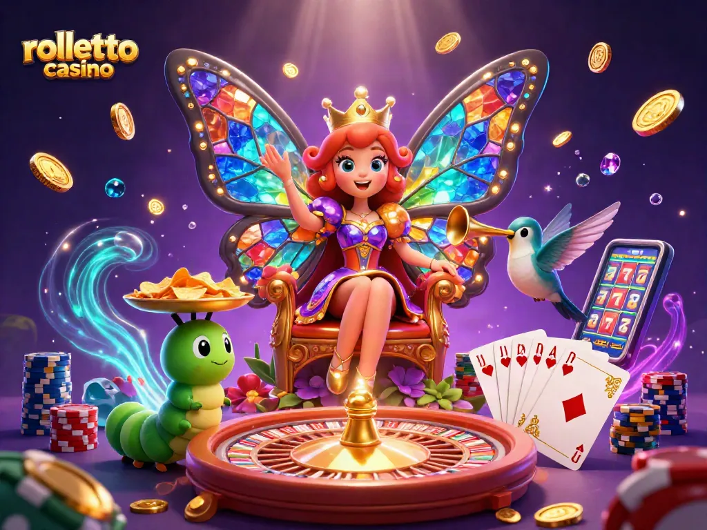 Experience the magic of rolletto casino with a vibrant 3D illustration showcasing cheerful characters and casino elements.