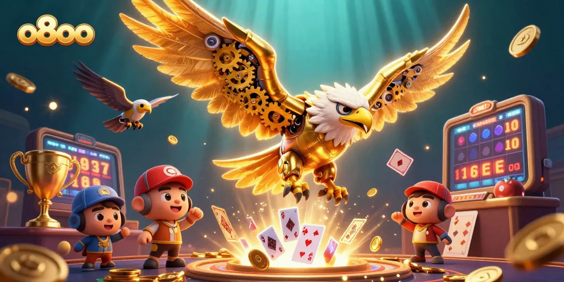 Engage in thrilling casino action with o8oo, showcasing a dynamic scene of a golden eagle diving amidst slots and trophies.