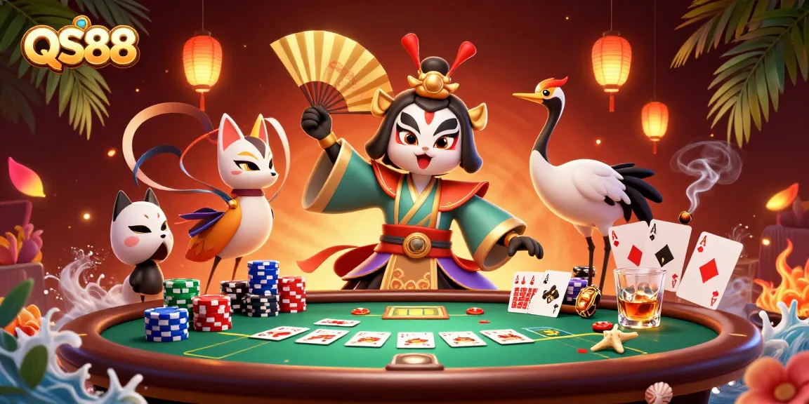 Engaging scene at QS88 casino with a kabuki warrior and kitsune mask amid poker action.