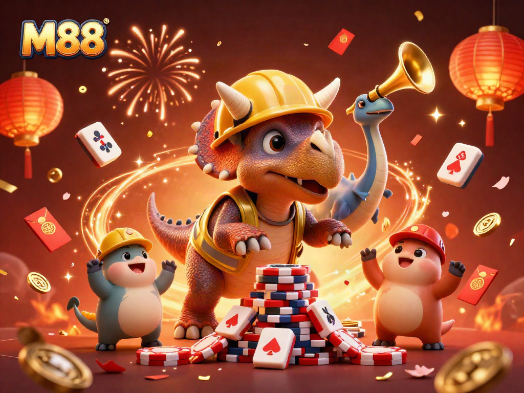 M88 celebrates with colorful poker chips and vibrant casino elements during a thrilling gambling event.