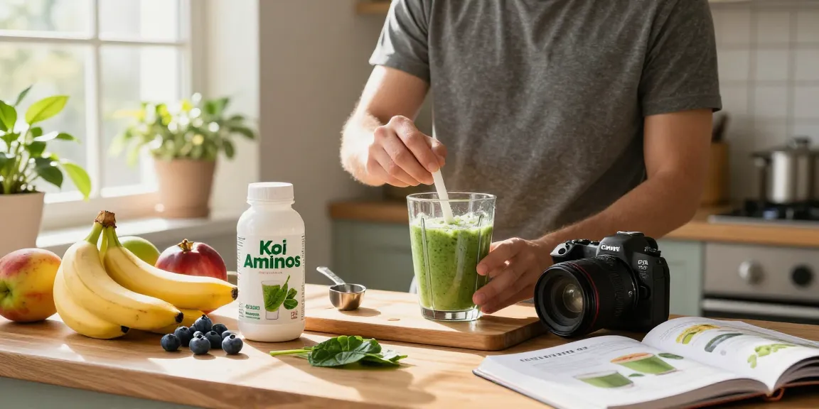 Koi Aminos bottle displayed during smoothie preparation in a vibrant kitchen.