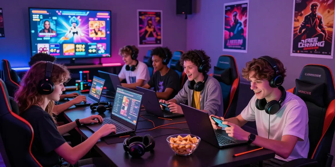Group of young adults enjoying free porn games in a vibrant gaming lounge with colorful lighting and dynamic interactions.